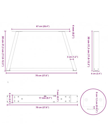 Gambe per Tavolo Pranzo a V 2pz Naturale 70x(30-31,3)cm Acciaio