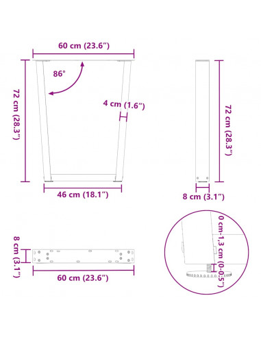Gambe per Tavolo Pranzo a V 2pz Naturale 60x(72-73,3)cm Acciaio