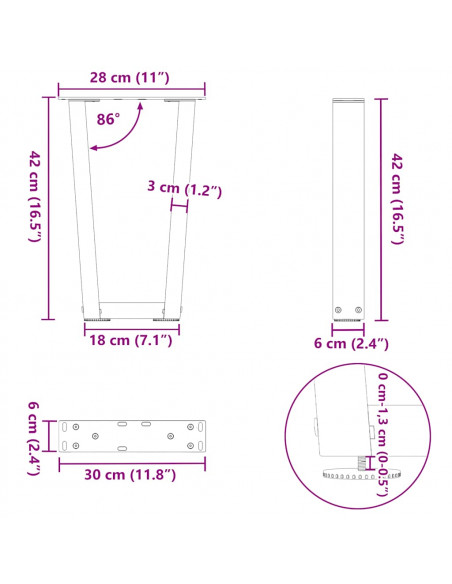 Gambe per Tavolo Pranzo a V 2pz Naturale 28x(42-43,3)cm Acciaio