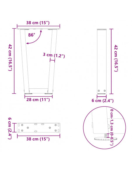 Gambe per Tavolo Pranzo a V 2pz Naturale 38x(42-43,3)cm Acciaio