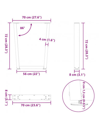 Gambe per Tavolo Pranzo a V 2pz Naturale 70x(72-73,3)cm Acciaio