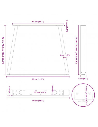 Gambe per Tavolo Pranzo a V 2pz Naturale 80x(72-73,3)cm Acciaio