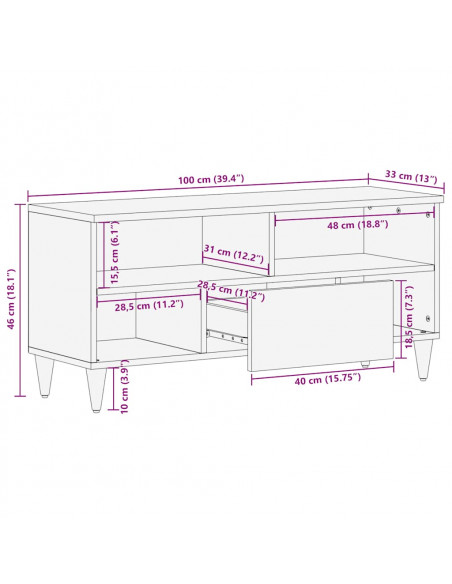 Mobile Porta TV Nero 100x33x46 cm in Legno Massello di Mango