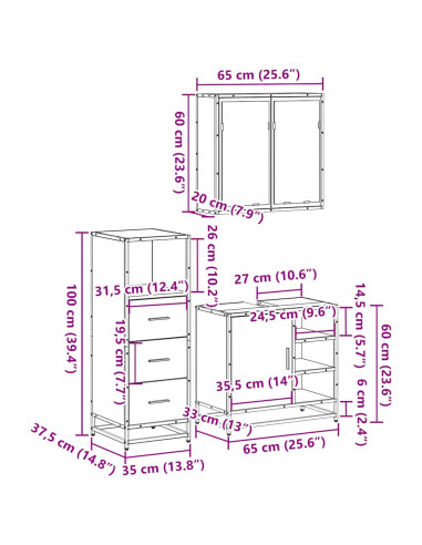 Set Mobili da Bagno 3 pz Rovere Fumo in Legno Multistrato