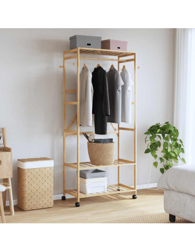Appendiabiti con Ripiani e Ruote 90x40x179,5 cm in Bambù