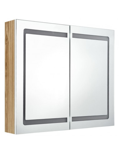 Armadietto Bagno con Specchio e LED Bianco e Rovere 80x12x68 cm