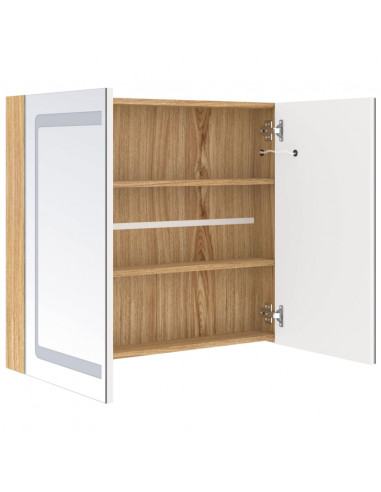 Armadietto Bagno con Specchio e LED Bianco e Rovere 80x12x68 cm