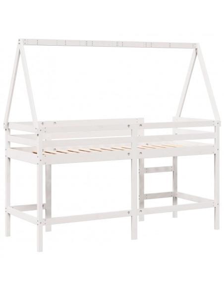 Letto Soppalco con Scala e Tetto Bianco 90x200 cm Massello Pino