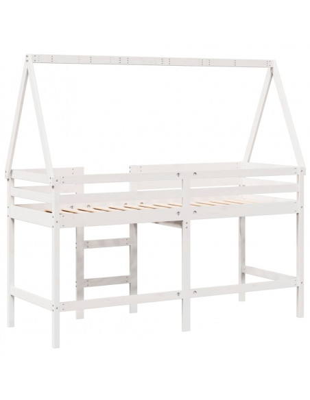 Letto Soppalco con Scala e Tetto Bianco 90x200 cm Massello Pino