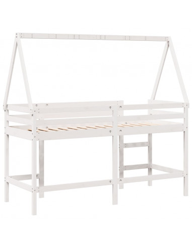 Letto Soppalco con Scala e Tetto Bianco 90x190 cm Massello Pino