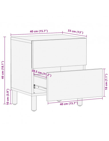 Comodino Marrone 40x33x46 cm in Legno Massello di Mango