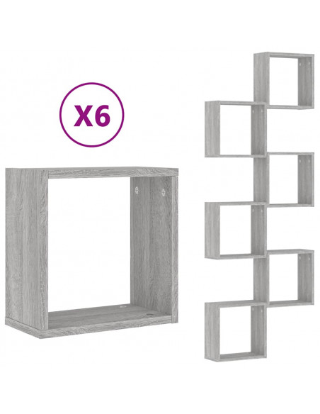 Mensole Parete a Cubo 6 pz Grigio Sonoma 30x15x30 cm
