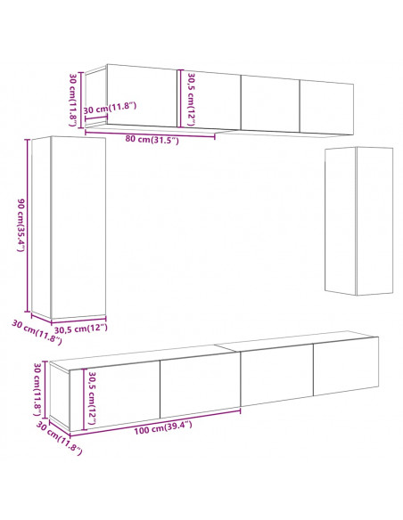 Set Mobile TV 6 pz Montato a Parete Legno Antico in Truciolato