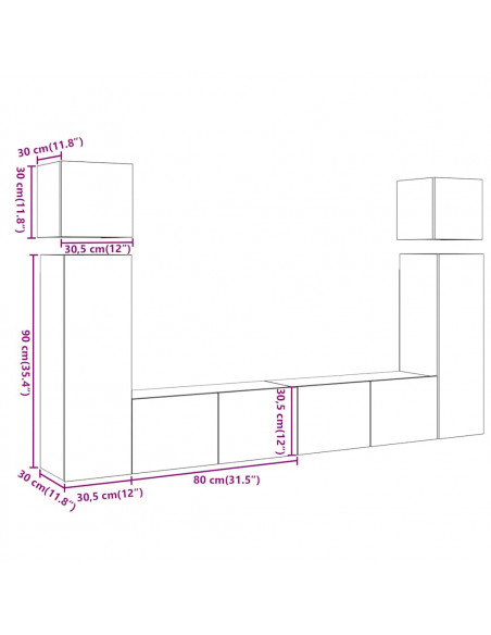 Set Mobile TV 8 pz Montato a Parete Legno Antico in Truciolato