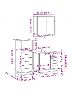 Set Mobili da Bagno 3 pz Rovere Fumo in Legno Multistrato