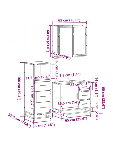 Set Mobili da Bagno 3 pz Rovere Fumo in Legno Multistrato