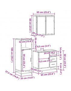 Set Mobili da Bagno 3 pz Rovere Fumo in Legno Multistrato