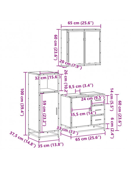 Set Mobili da Bagno 3 pz Rovere Fumo in Legno Multistrato