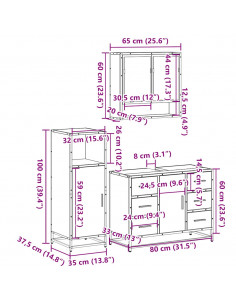 Set Mobili da Bagno 3 pz Rovere Marrone in Legno Multistrato