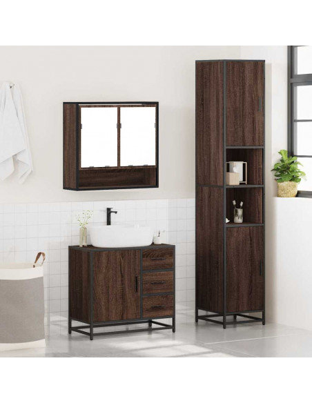 Set Mobili da Bagno 3 pz Rovere Marrone in Legno Multistrato