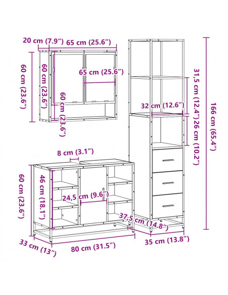 Set Mobili da Bagno 3 pz Rovere Marrone in Legno Multistrato