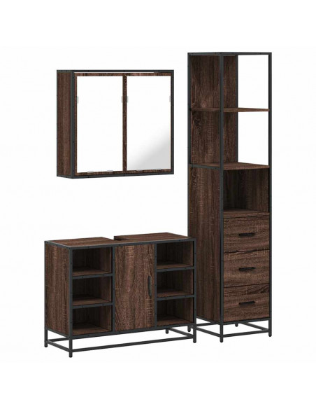 Set Mobili da Bagno 3 pz Rovere Marrone in Legno Multistrato