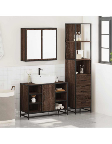 Set Mobili da Bagno 3 pz Rovere Marrone in Legno Multistrato