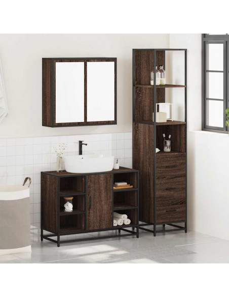 Set Mobili da Bagno 3 pz Rovere Marrone in Legno Multistrato