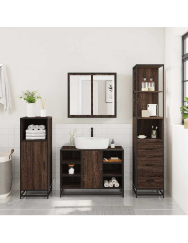 Set Mobili da Bagno 3 pz Rovere Marrone in Legno Multistrato