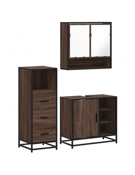 Set Mobili da Bagno 3 pz Rovere Marrone in Legno Multistrato