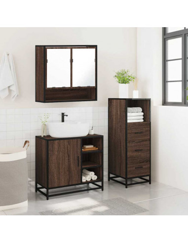 Set Mobili da Bagno 3 pz Rovere Marrone in Legno Multistrato