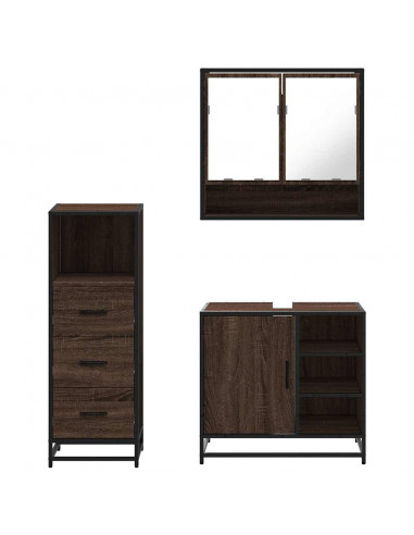 Set Mobili da Bagno 3 pz Rovere Marrone in Legno Multistrato