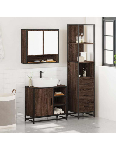 Set Mobili da Bagno 3 pz Rovere Marrone in Legno Multistrato