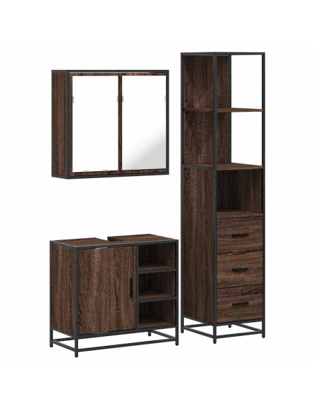Set Mobili da Bagno 3 pz Rovere Marrone in Legno Multistrato