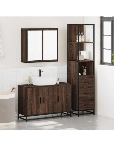 Set Mobili da Bagno 3 pz Rovere Marrone in Legno Multistrato