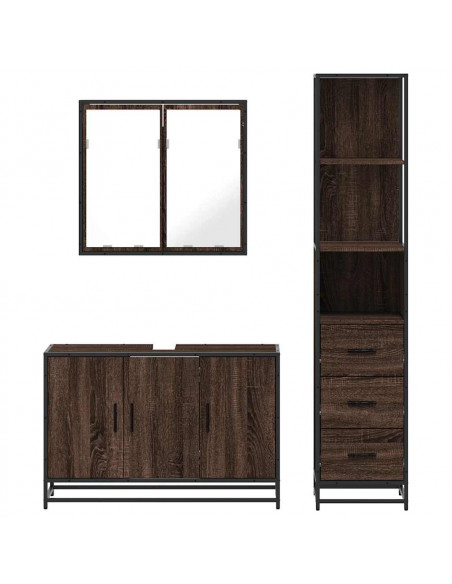 Set Mobili da Bagno 3 pz Rovere Marrone in Legno Multistrato