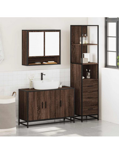 Set Mobili da Bagno 3 pz Rovere Marrone in Legno Multistrato