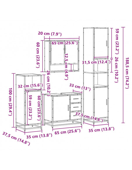 Set Mobili da Bagno 4 pz Grigio Sonoma in Legno Multistrato