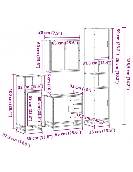 Set Mobili da Bagno 4 pz Grigio Sonoma in Legno Multistrato