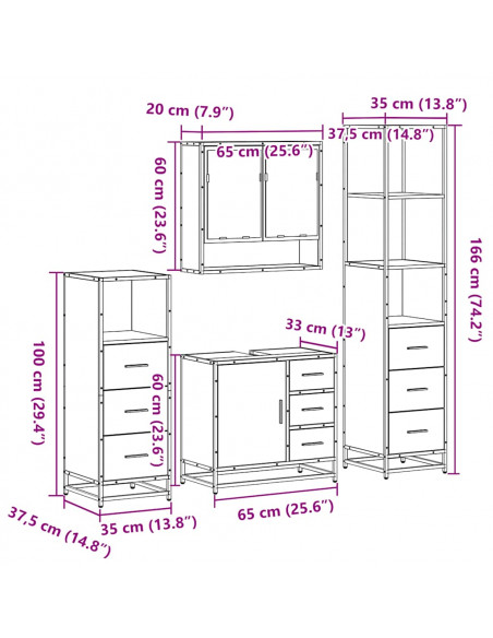 Set Mobili da Bagno 4 pz Grigio Sonoma in Legno Multistrato