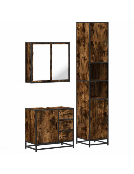 Set Mobili da Bagno 3 pz Rovere Fumo in Legno Multistrato