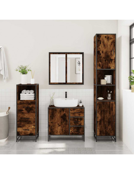 Set Mobili da Bagno 3 pz Rovere Fumo in Legno Multistrato