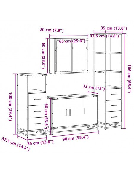 Set Mobili da Bagno 4 pz Rovere Fumo in Legno Multistrato