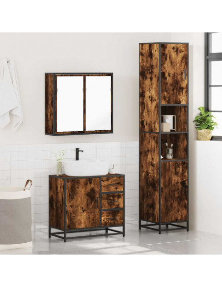 Set Mobili da Bagno 3 pz Rovere Fumo in Legno Multistrato