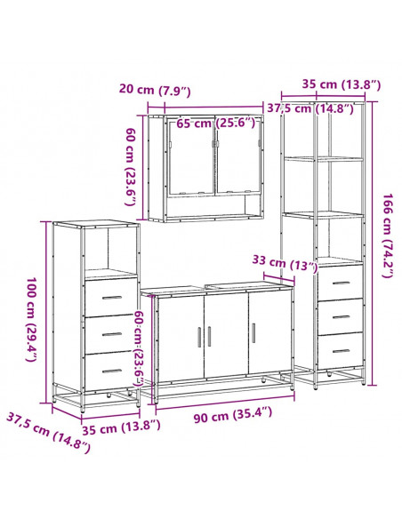 Set Mobili da Bagno 4 pz Rovere Fumo in Legno Multistrato