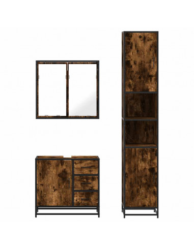 Set Mobili da Bagno 3 pz Rovere Fumo in Legno Multistrato