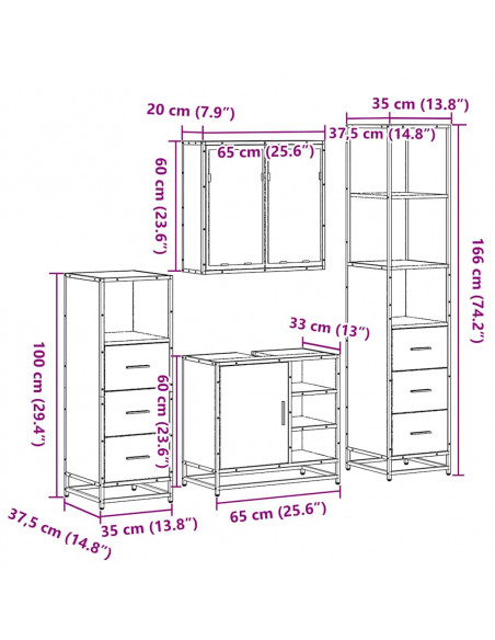 Set Mobili da Bagno 4 pz Rovere Fumo in Legno Multistrato