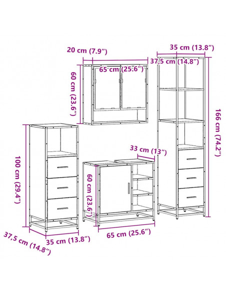 Set Mobili da Bagno 4 pz Rovere Fumo in Legno Multistrato
