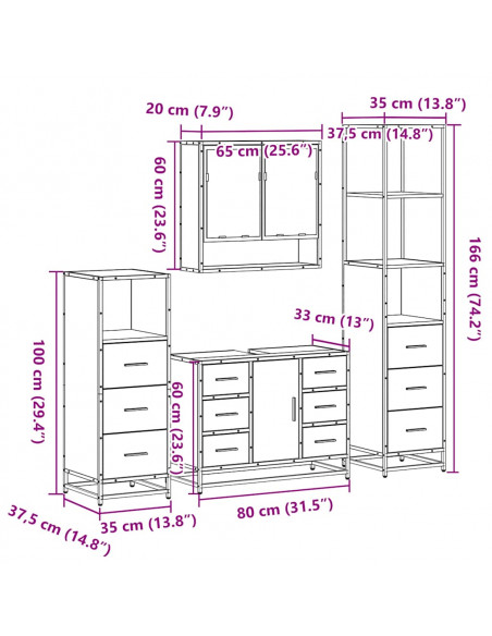 Set Mobili da Bagno 4 pz Rovere Fumo in Legno Multistrato