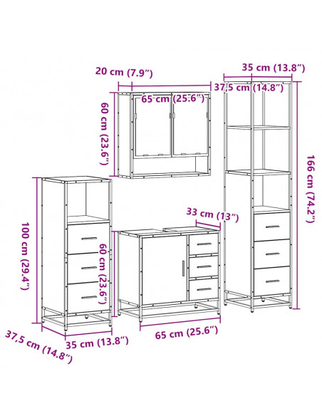 Set Mobili da Bagno 4 pz Rovere Fumo in Legno Multistrato